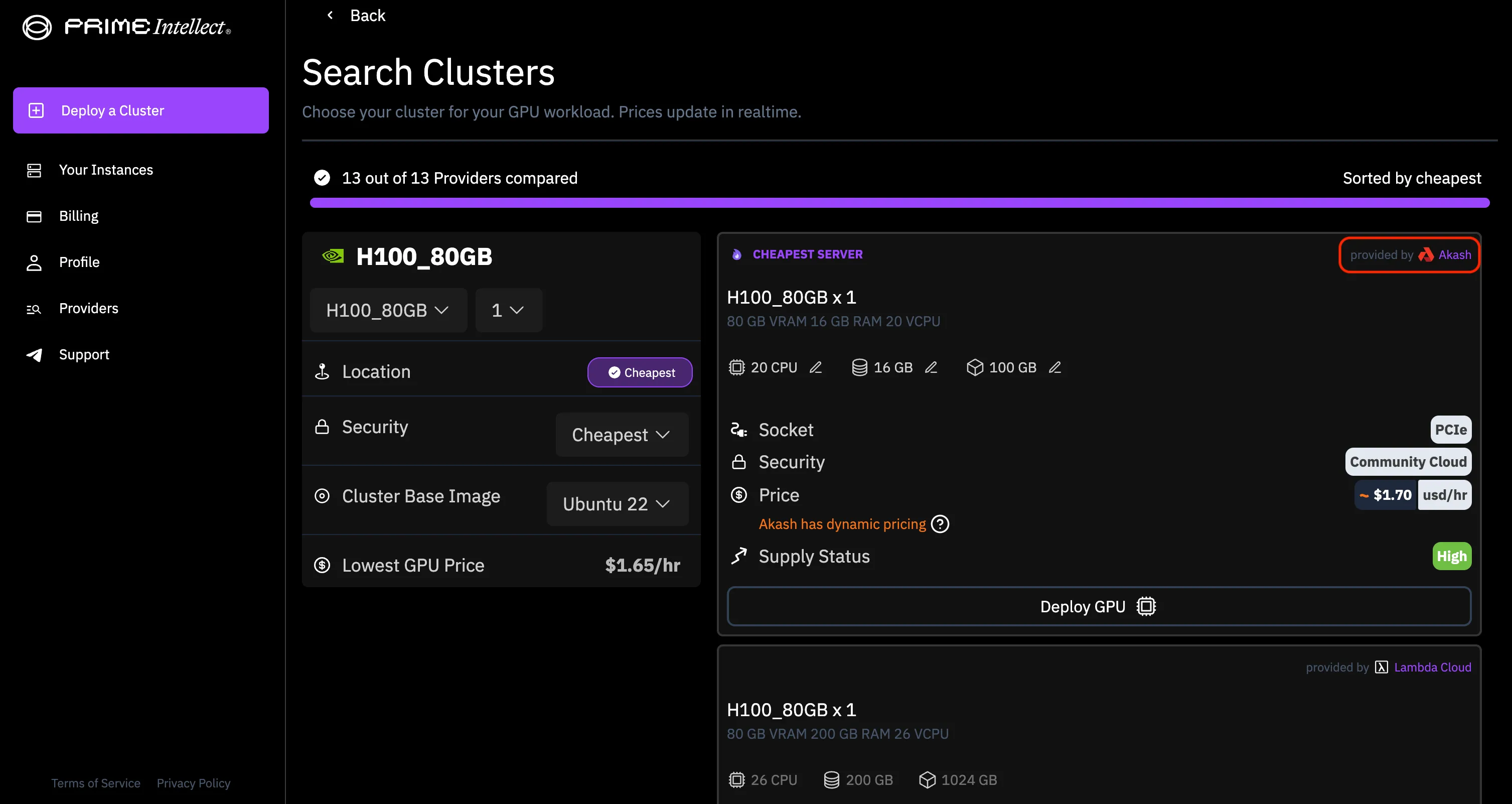 Akash H100 GPUs on Prime Intellect